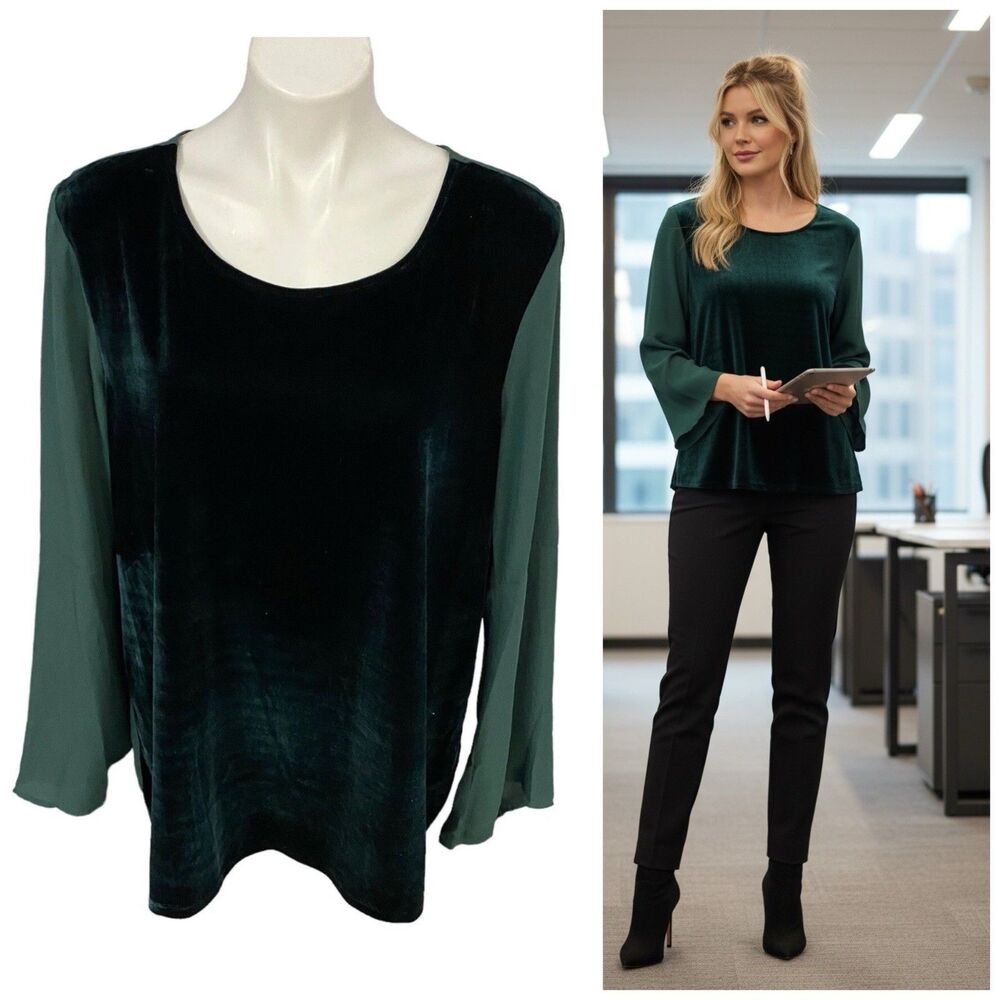 Faded Glory Top Womens XL 16 - 18 Green Velour Sheer Party Work Office Holiday